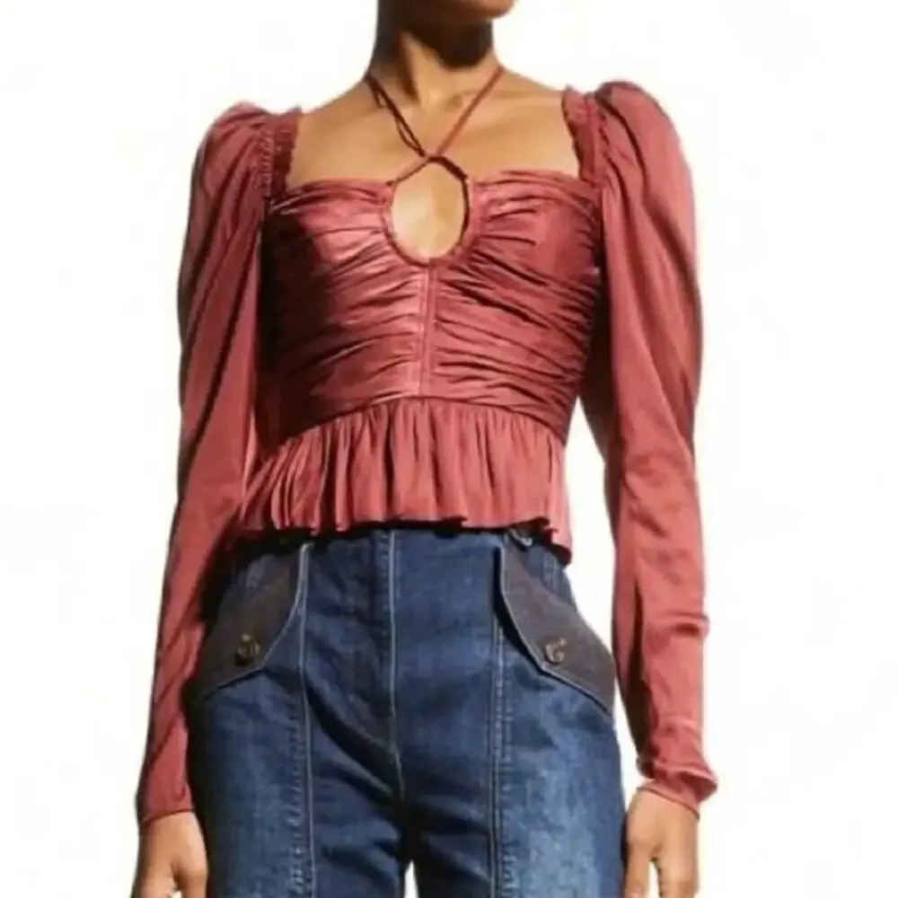 ULLA JOHNSON Women's Red Satin Halter Neck Mirelle Peplum Puff Blouse Size 10